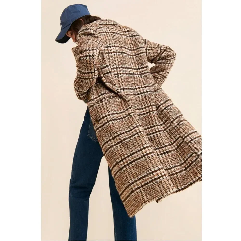 Free People Grunge Preppy Adore You Plaid Longline Wool Coat Brown Small